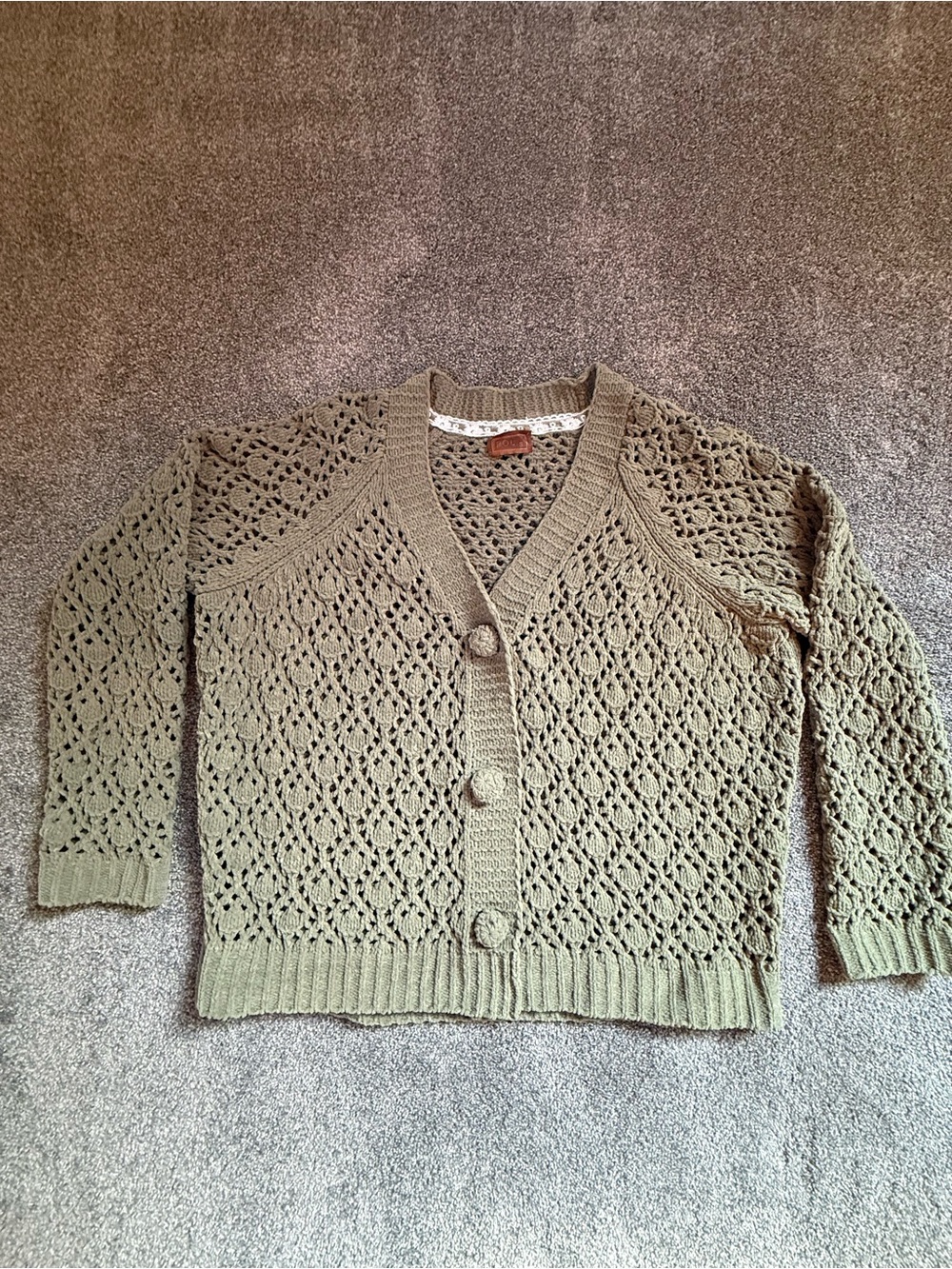 POL Clothing Open Knit Crochet Boho Cardigan Olive Sage Green Size Small